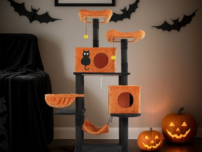 Halloween Cat Tree, Large Cat Tower with 2 Spacious Cat Condos, 2 Padded Perches, 2 Hammocks, Scratching Posts, Hanging Toy, Multi-Level Cat Activities Furniture for Large Cats, Orange & Black