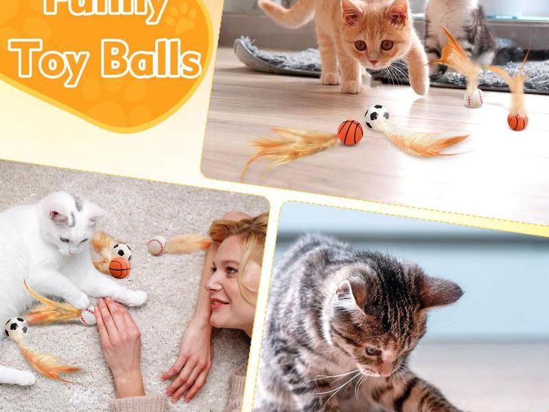 Txfny 9PCS Interactive Feather Ball Toy for Cats, New Cat Bouncy Ball with Feather Tails, Elastic Cat Toy Balls for Indoor, Rolling Balls for Cats Playing Exercise