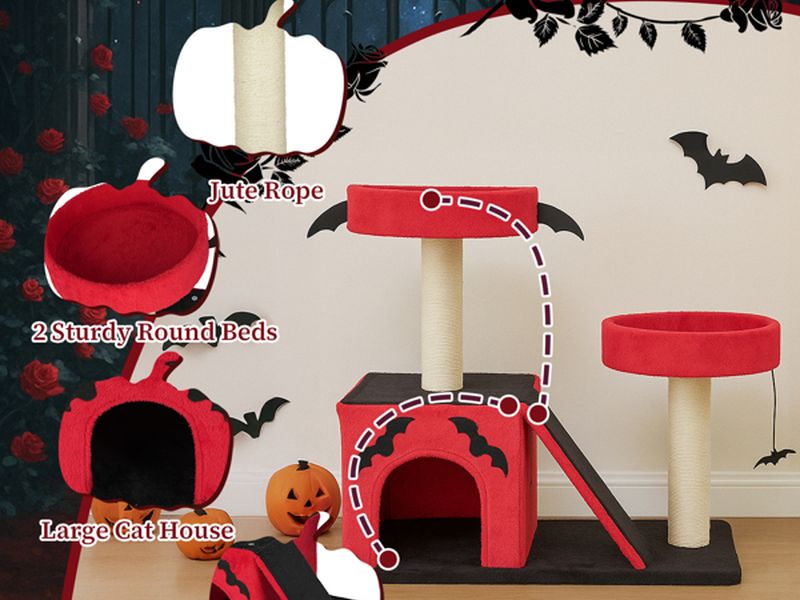 Halloween Cat Climbing Frame Gothic Cat Tree, Cat Tower with Spacious Cat Condo, 2 Padded Perches, Spider Toy, Scratching Posts, Scratching Ladder for Large Cats, Red & Black