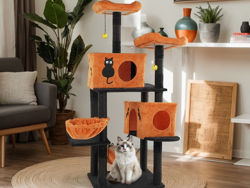 Halloween Cat Tree, Large Cat Tower with 2 Spacious Cat Condos, 2 Padded Perches, 2 Hammocks, Scratching Posts, Hanging Toy, Multi-Level Cat Activities Furniture for Large Cats, Orange & Black