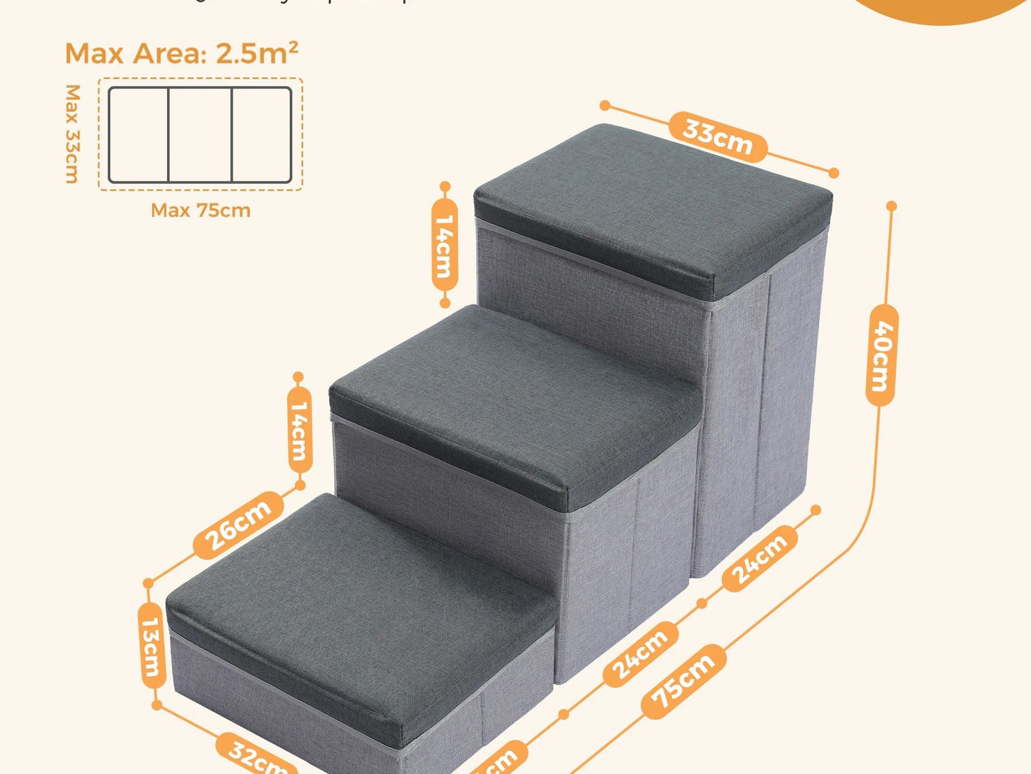 3-Tier Dog Stairs Foldable Pet Stair with Storage Box Adjustable Height Dog Steps for Small Old Dog Cat Non-Slip Pet Ramp Indoor