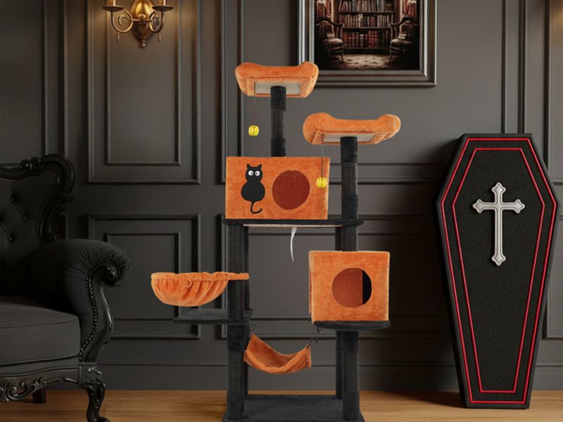 Halloween Cat Tree, Large Cat Tower with 2 Spacious Cat Condos, 2 Padded Perches, 2 Hammocks, Scratching Posts, Hanging Toy, Multi-Level Cat Activities Furniture for Large Cats, Orange & Black