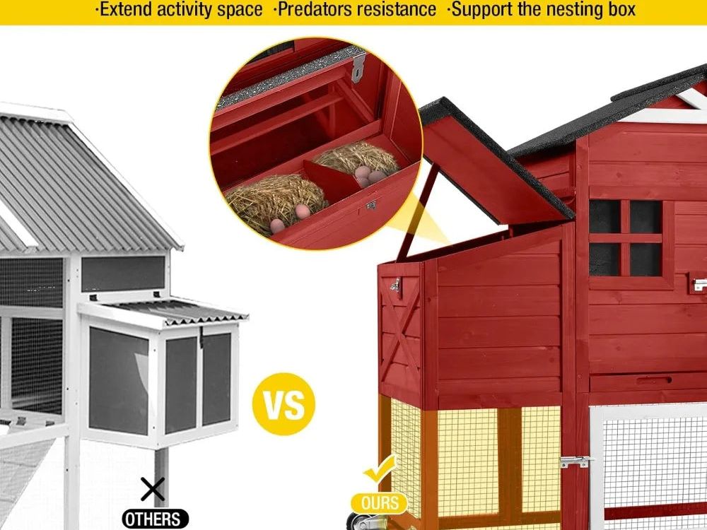Chicken Coop Mobile Chicken House on Wheels Expandable Wooden Poultry Cage with Large Nesting Box Leakproof Pull-Out Tray Rabbi