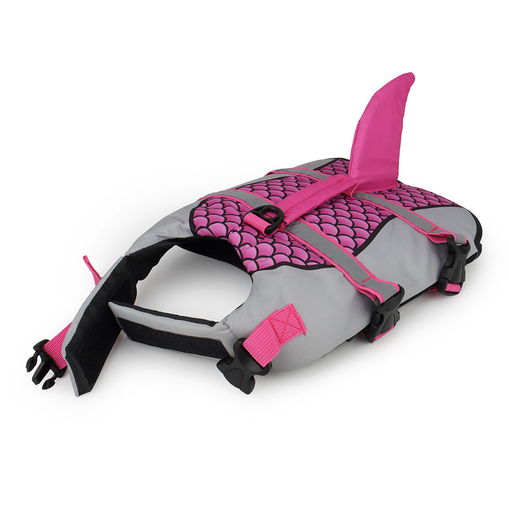 Gray and pink life vest with a fin design, featuring black buckles and a scale pattern.