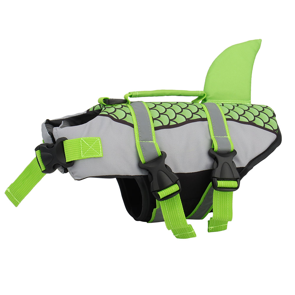 Gray and green dog life jacket with a fin, scale pattern, and adjustable straps.