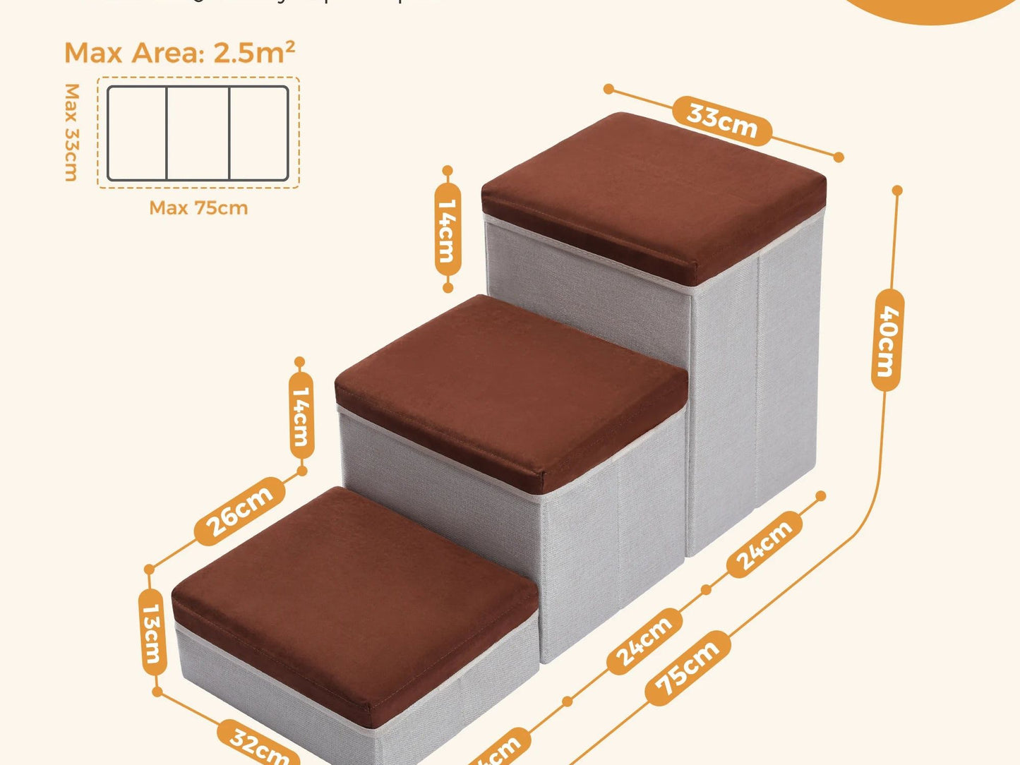 3-Tier Dog Stairs Foldable Pet Stair with Storage Box Adjustable Height Dog Steps for Small Old Dog Cat Non-Slip Pet Ramp Indoor