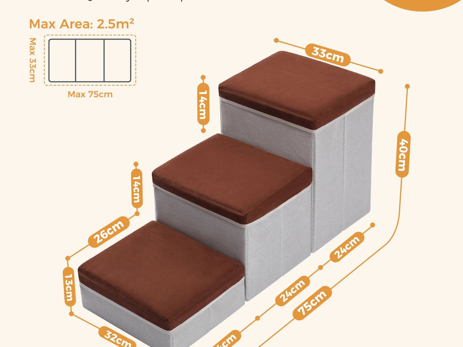 3-Tier Dog Stairs Foldable Pet Stair with Storage Box Adjustable Height Dog Steps for Small Old Dog Cat Non-Slip Pet Ramp Indoor
