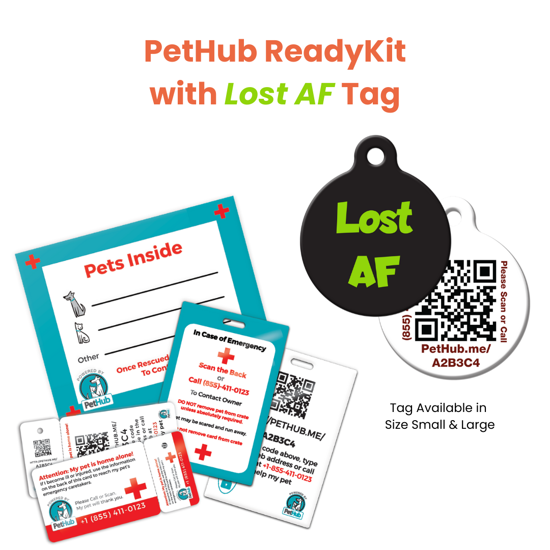 PetHub ReadyKit with tags, including a black "Lost AF" tag and a white QR code tag.