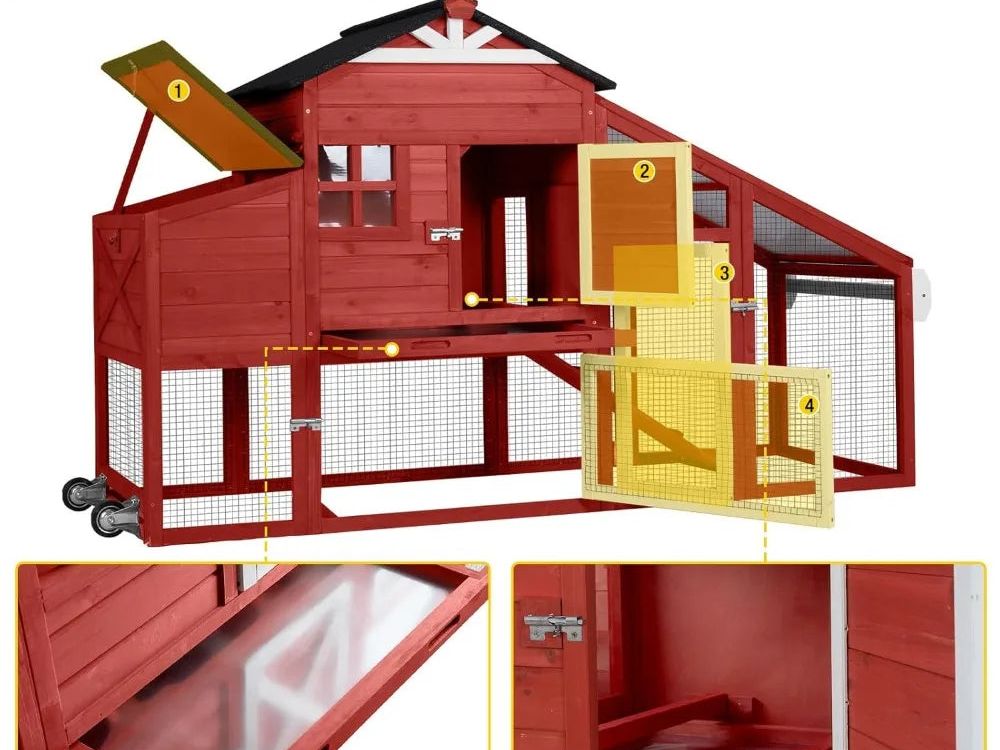 Chicken Coop Mobile Chicken House on Wheels Expandable Wooden Poultry Cage with Large Nesting Box Leakproof Pull-Out Tray Rabbi