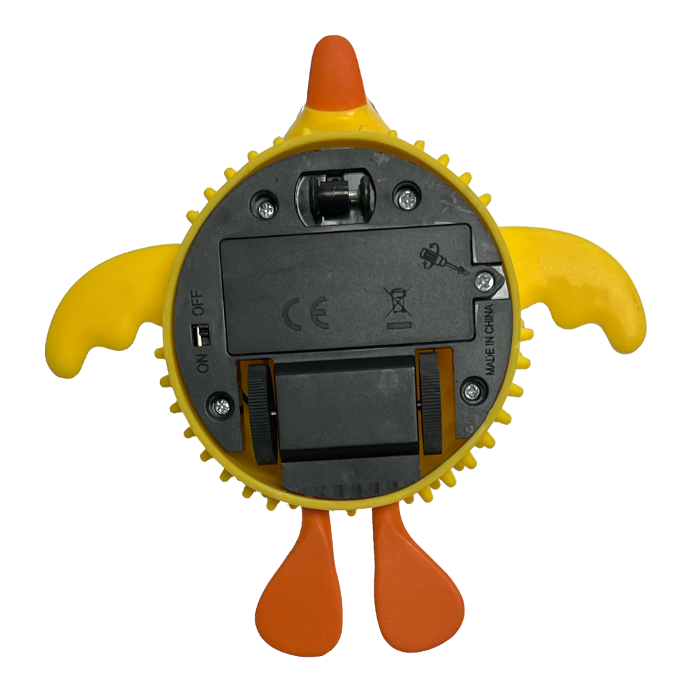 Yellow toy with orange feet, showing a black battery compartment and on/off switch on the back.