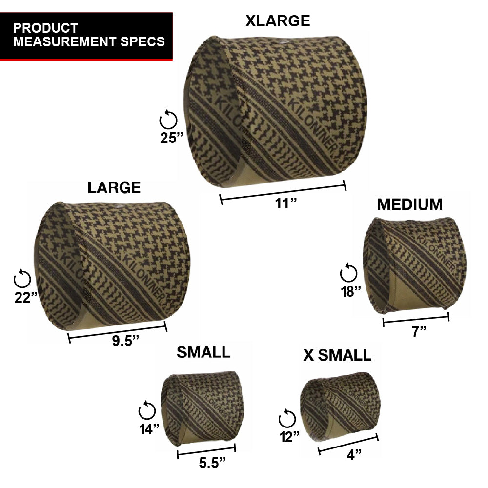 Five brown patterned cylindrical objects labeled by size: XLarge, Large, Medium, Small, X Small.