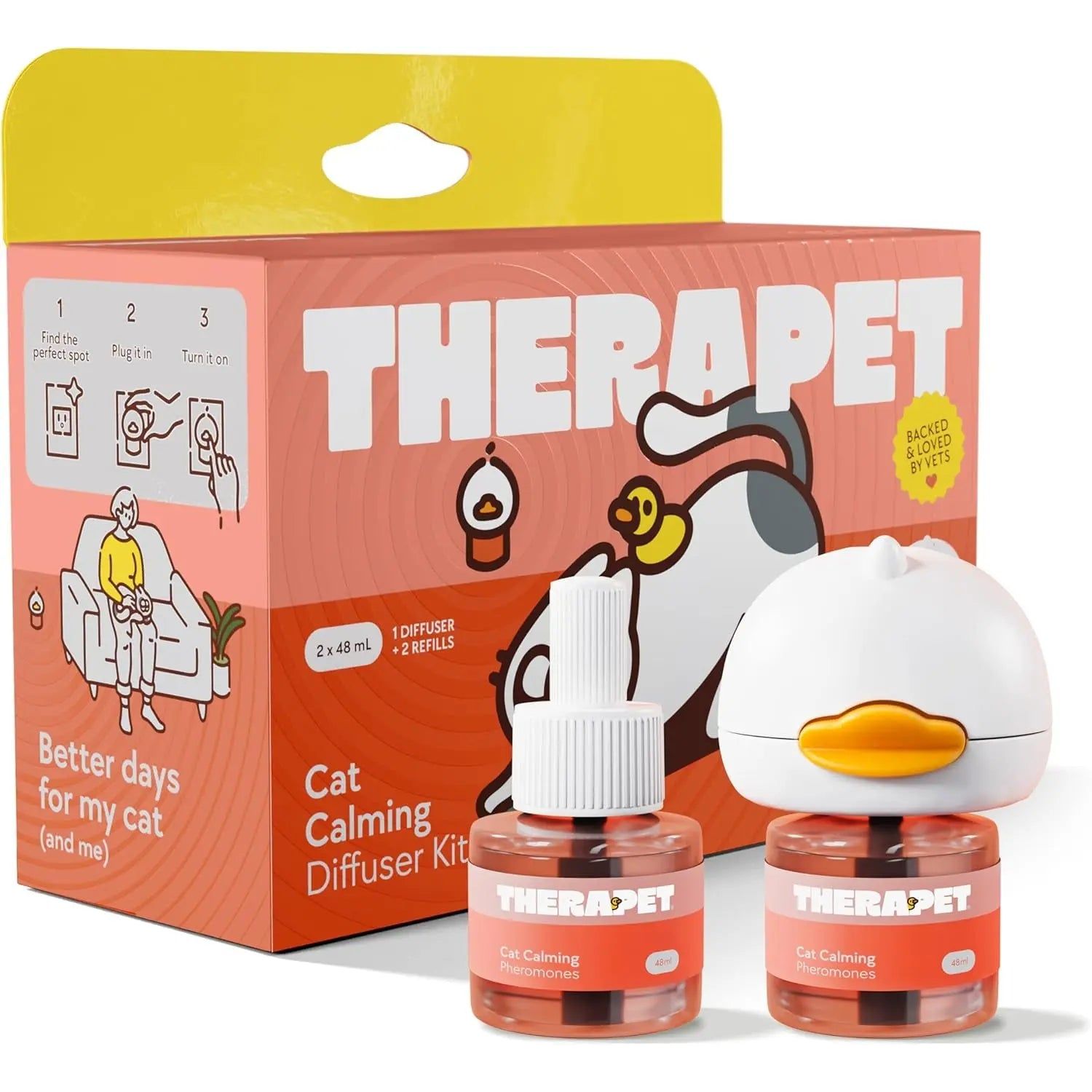 Cat calming diffuser kit with orange packaging, cartoon cat, and two refill bottles.