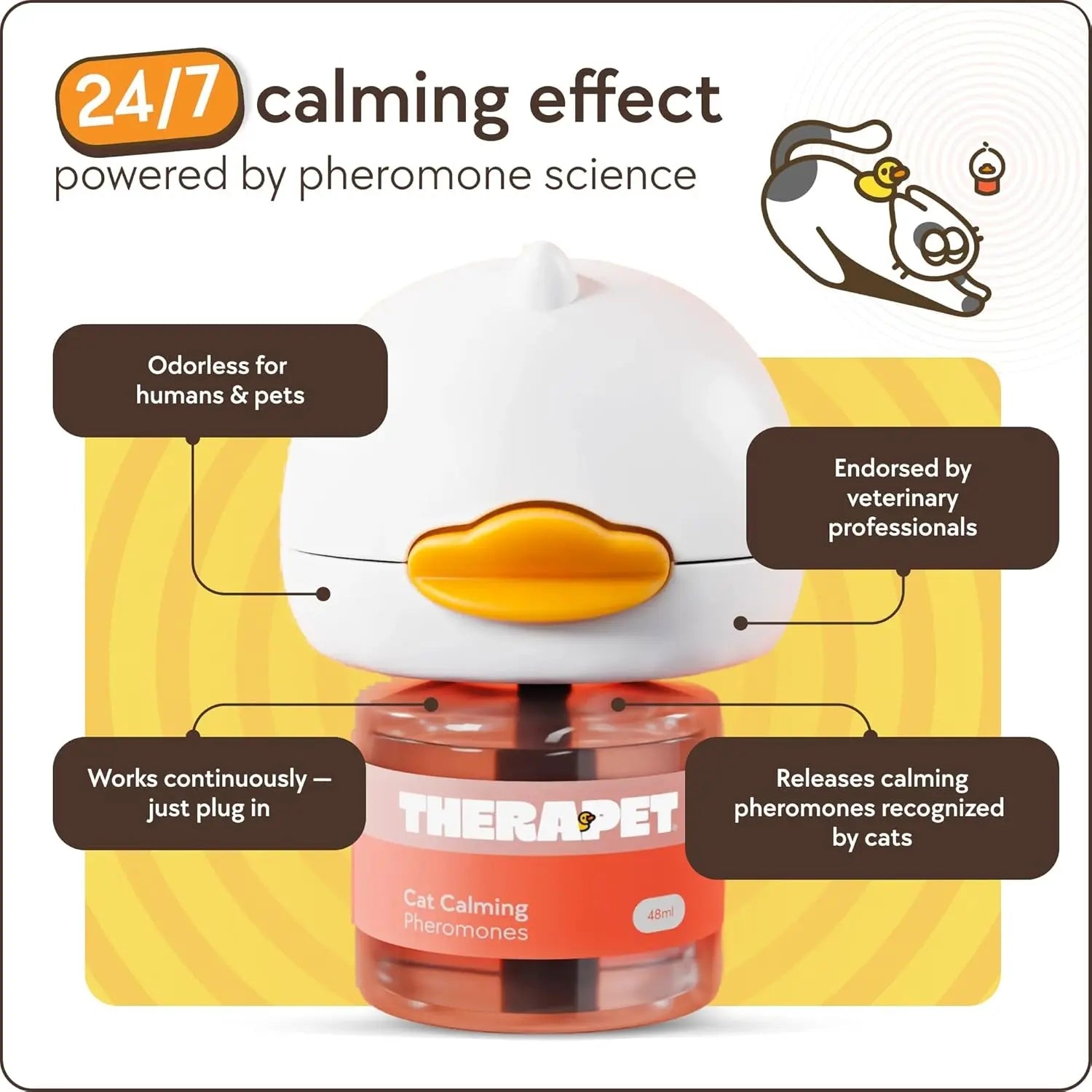 Duck-shaped diffuser with orange beak, labeled "THERAPET," on an orange background with text.