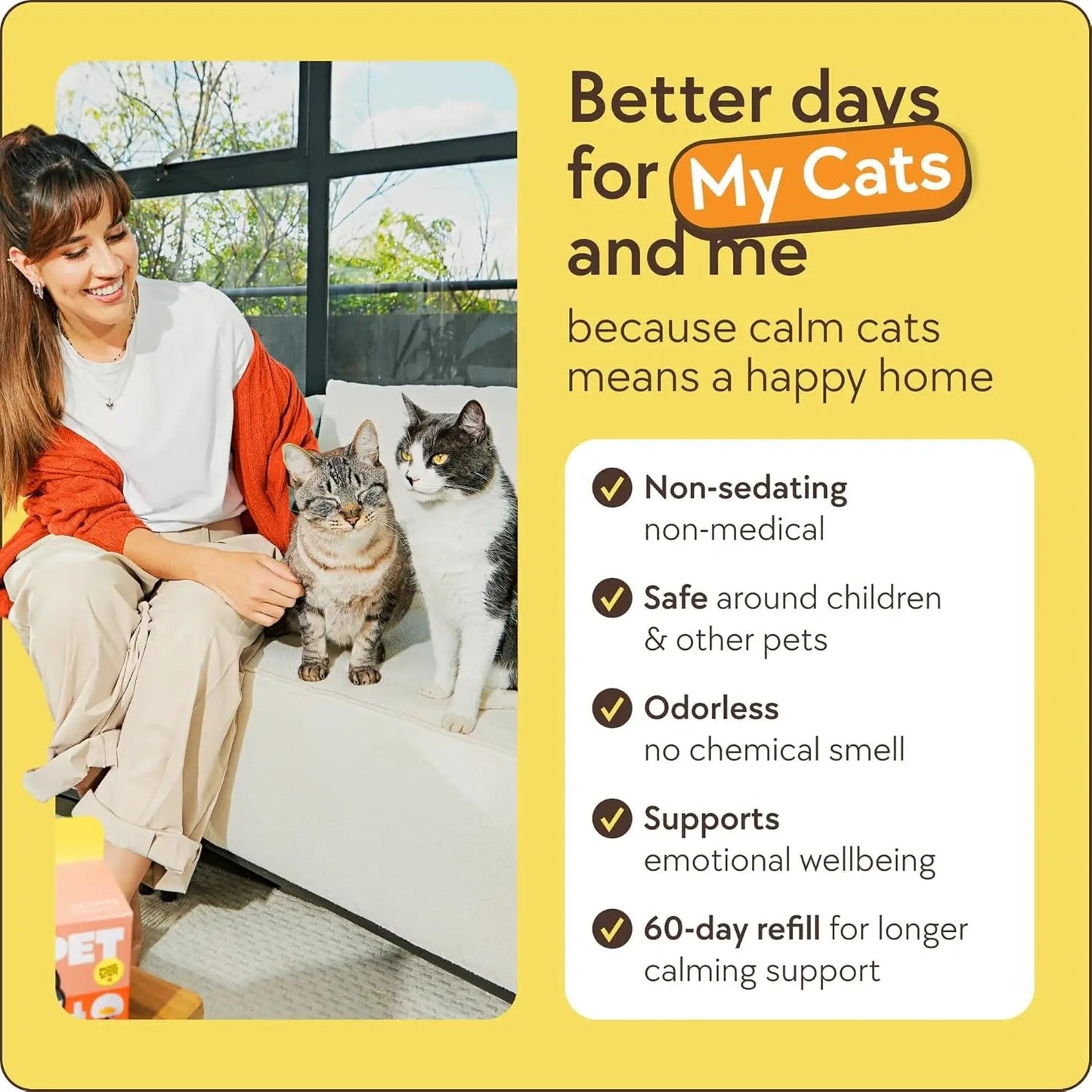 Woman with two cats on a couch, yellow background with text about cat calming benefits.