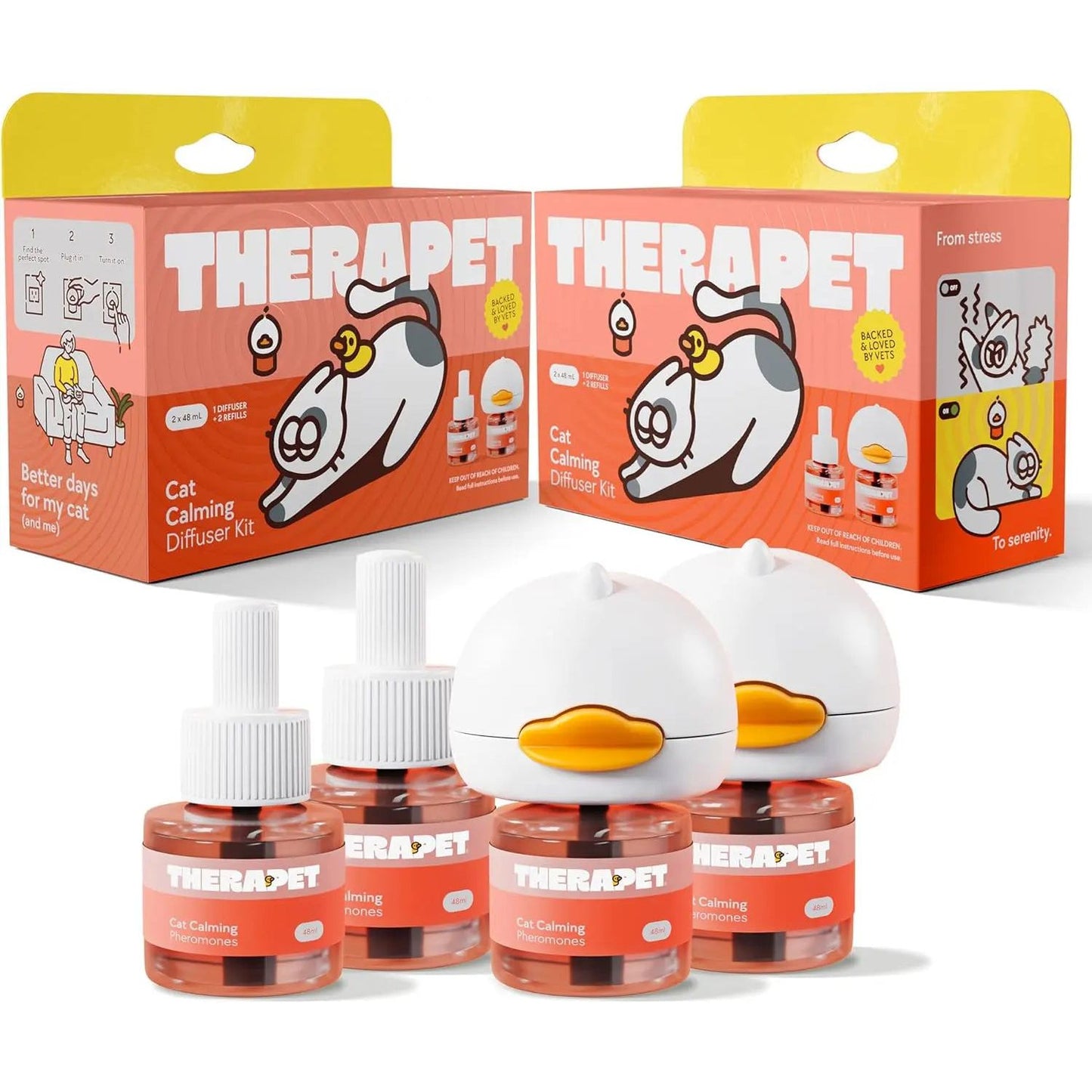 Orange and white packaging with cartoon cat, three diffuser bottles, and two white diffusers.