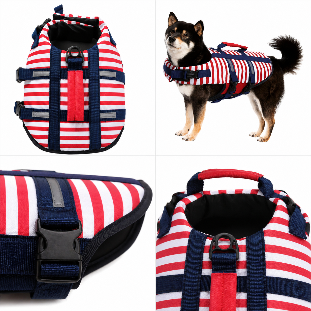 Red, white, and blue striped dog life jacket with buckles, worn by a Shiba Inu.