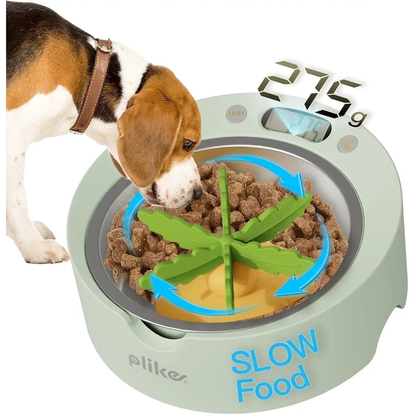 Beagle eating from a green slow feeder bowl with kibble, digital scale reads 275g.