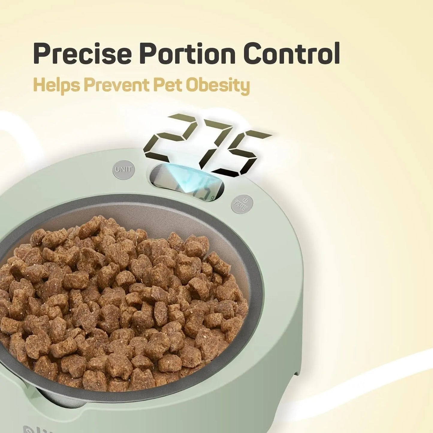 Pet food bowl with digital scale displaying "275" grams, surrounded by beige background.