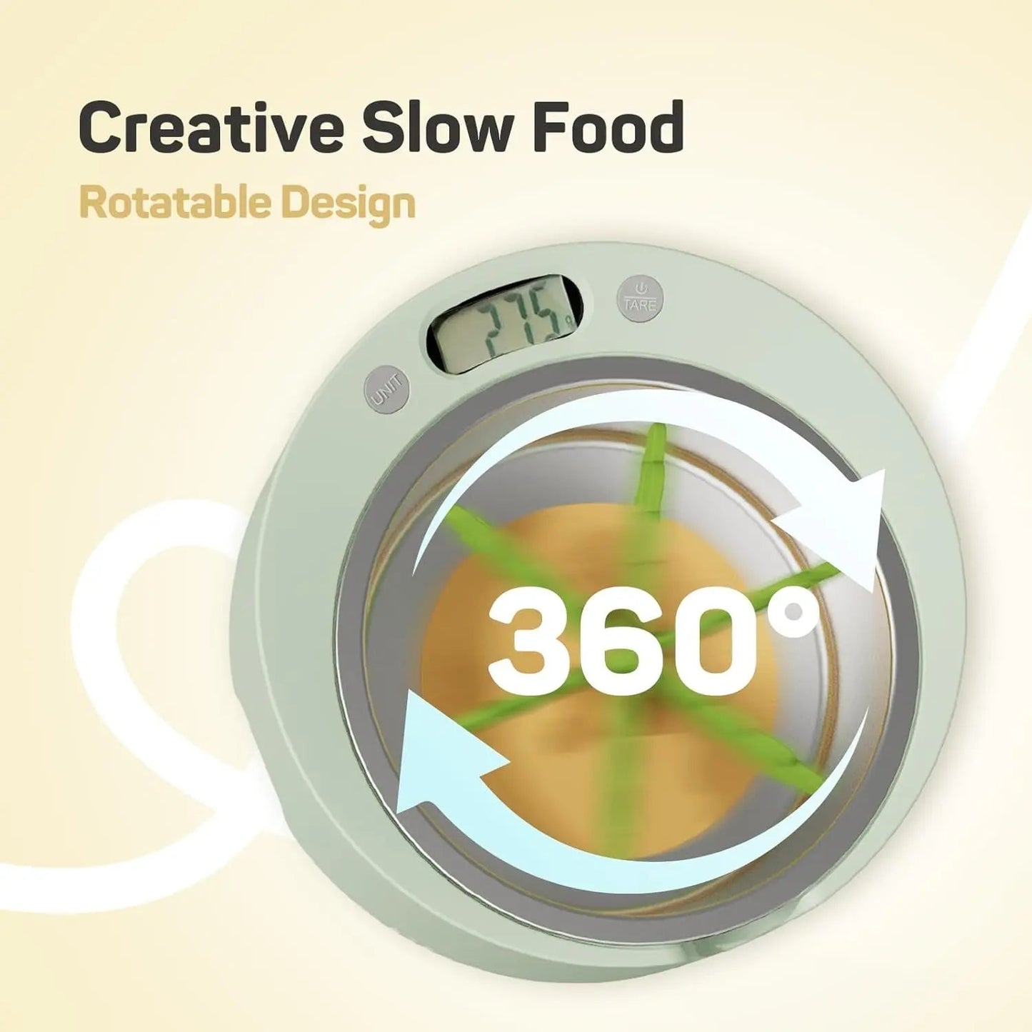 Green rotatable food container with digital display and 360-degree arrow on beige background.
