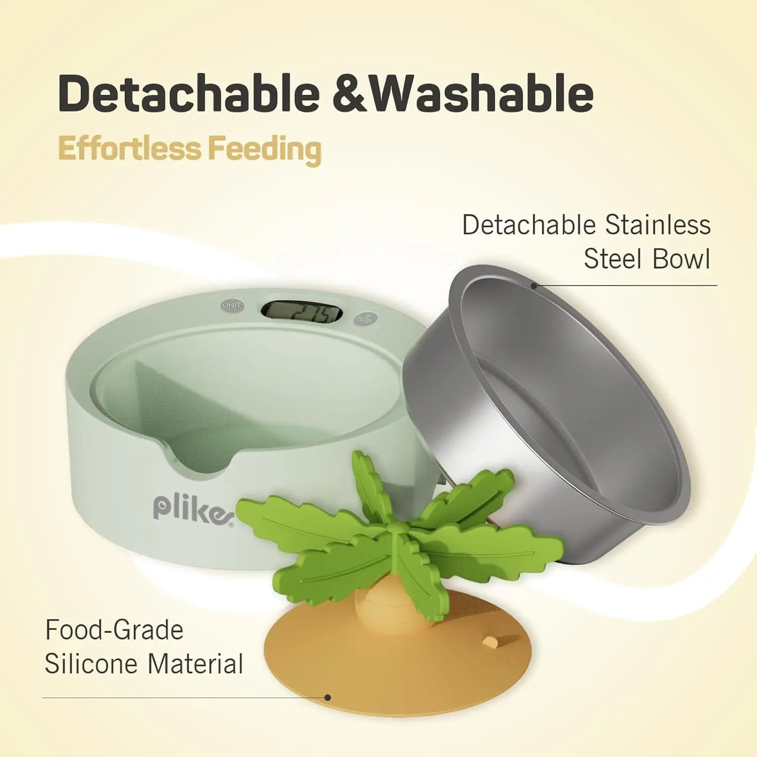 Green pet bowl with detachable stainless steel insert and digital display, featuring a leaf design.