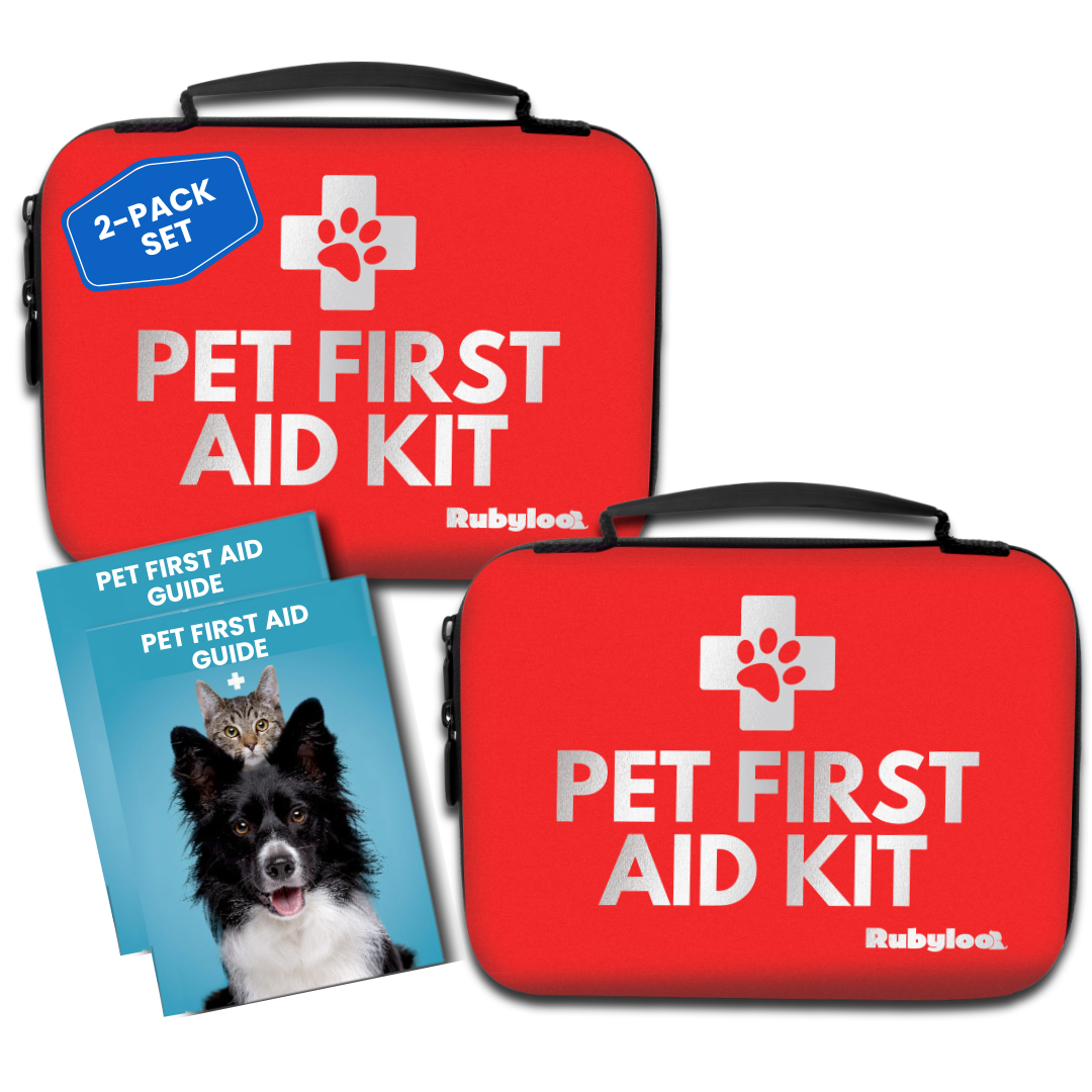 Red pet first aid kits with white text and a cross, plus a guide featuring a dog and cat.