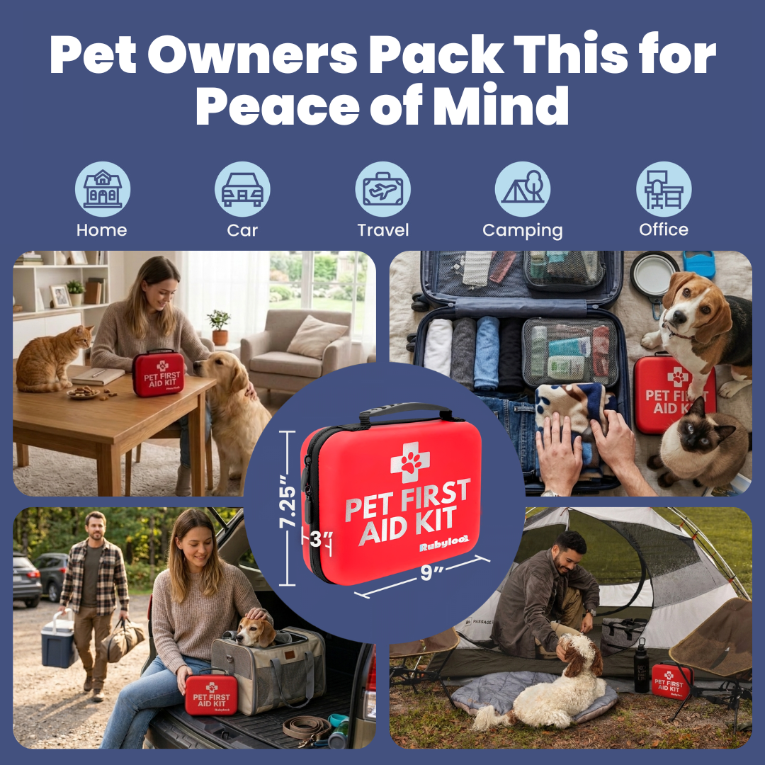 Pet first aid kit in various settings: home, car, travel, camping, office. Red case with white text.