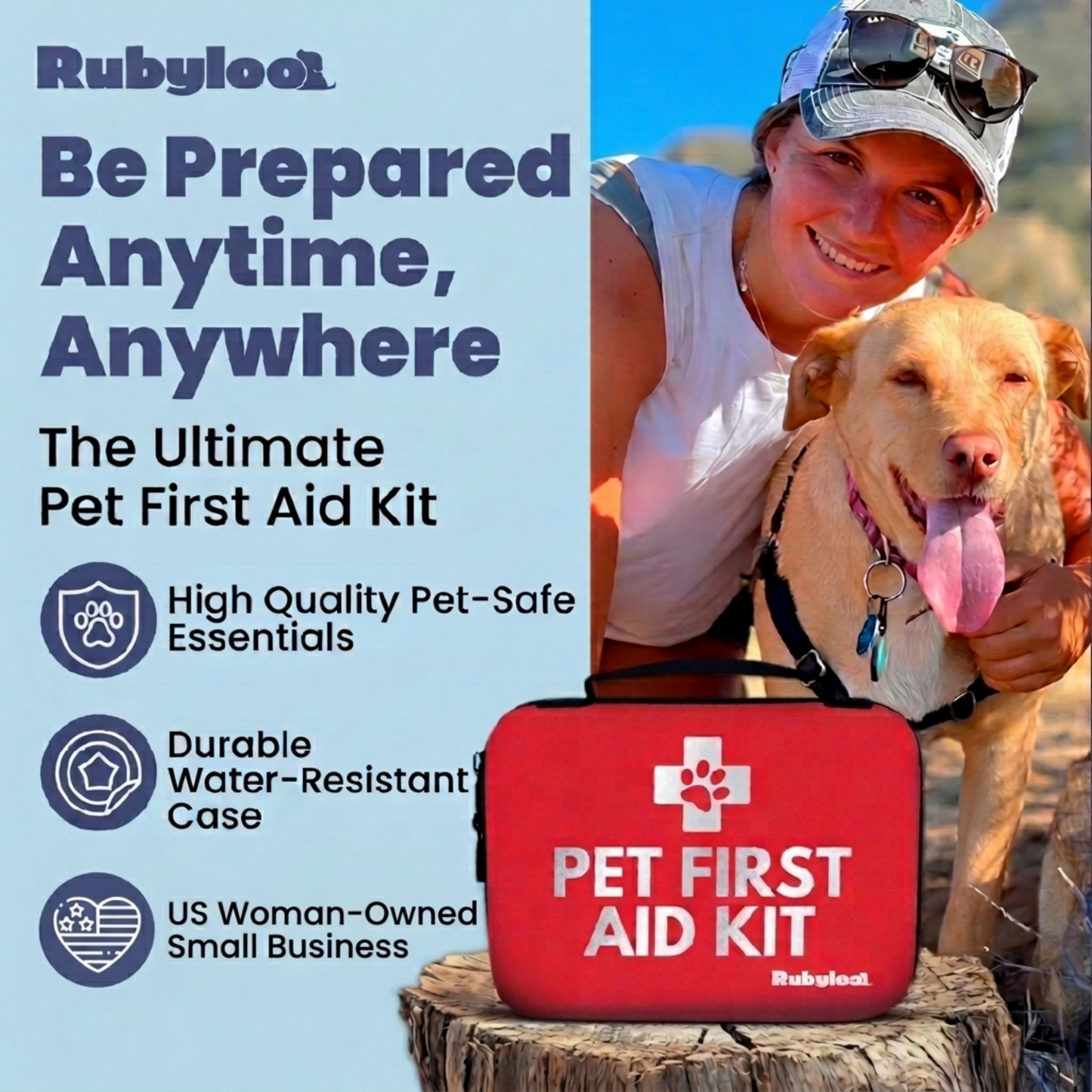 Woman with a dog outdoors; red pet first aid kit; text highlights pet-safe essentials.
