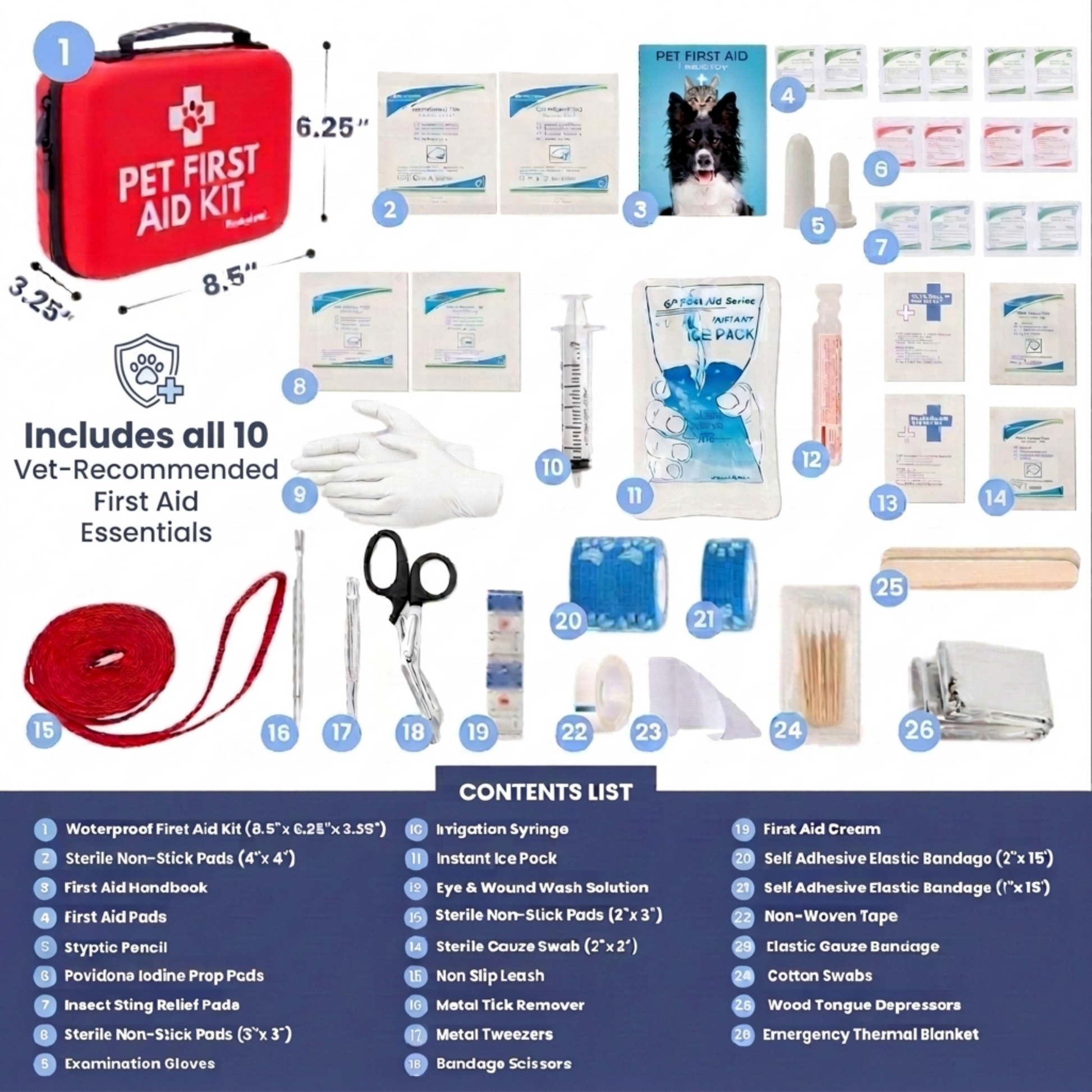 Pet first aid kit with red case, various medical supplies, and a contents list on a blue background.