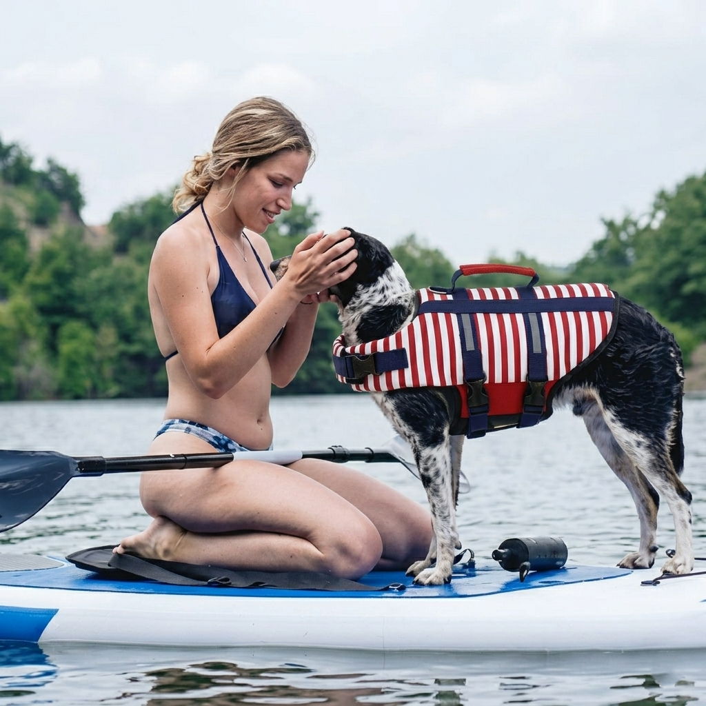Woman in bikini kneels on paddleboard, petting a dog in a red-striped life vest on a lake.