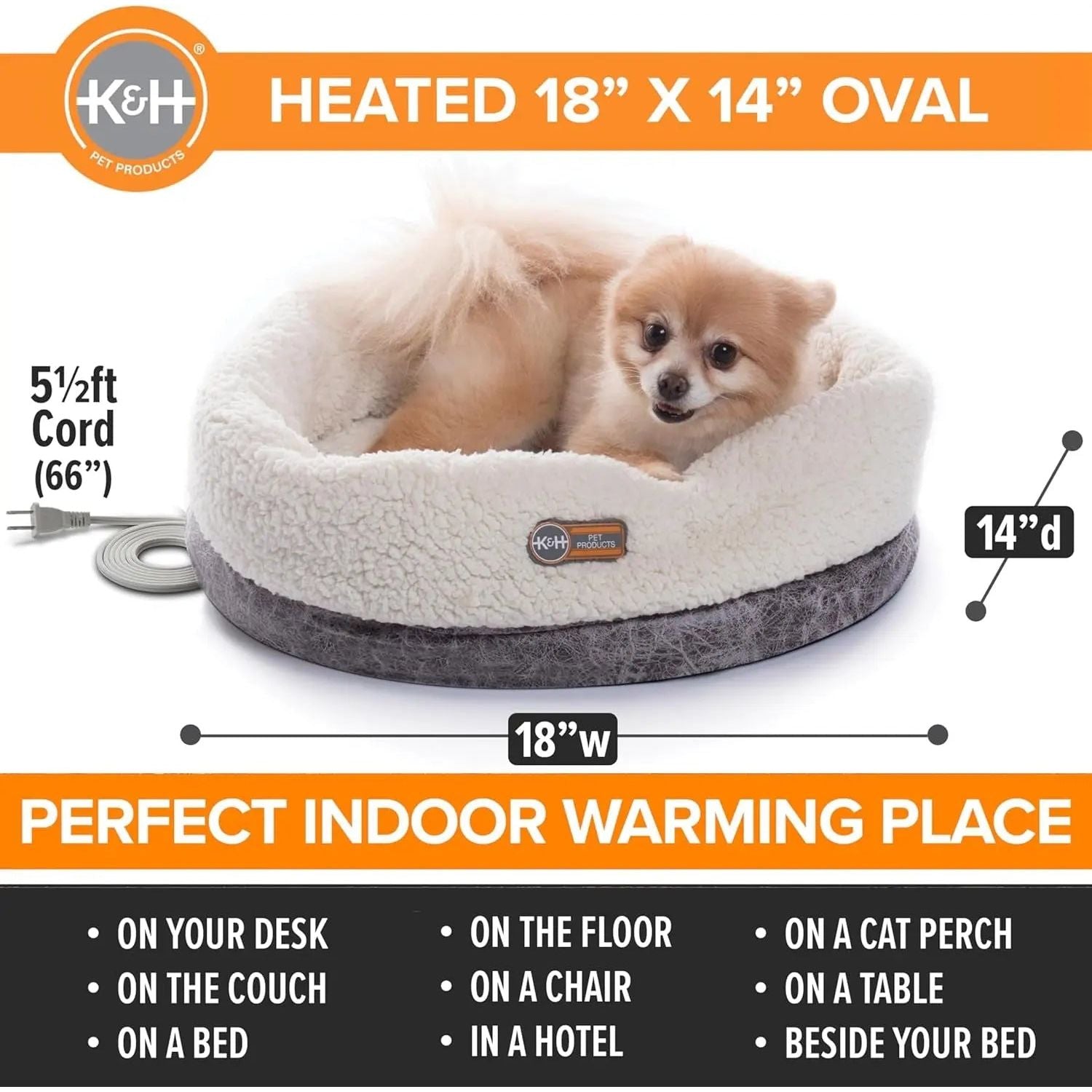 Small dog in a heated, white oval pet bed with gray base, 18"x14", on a white background.