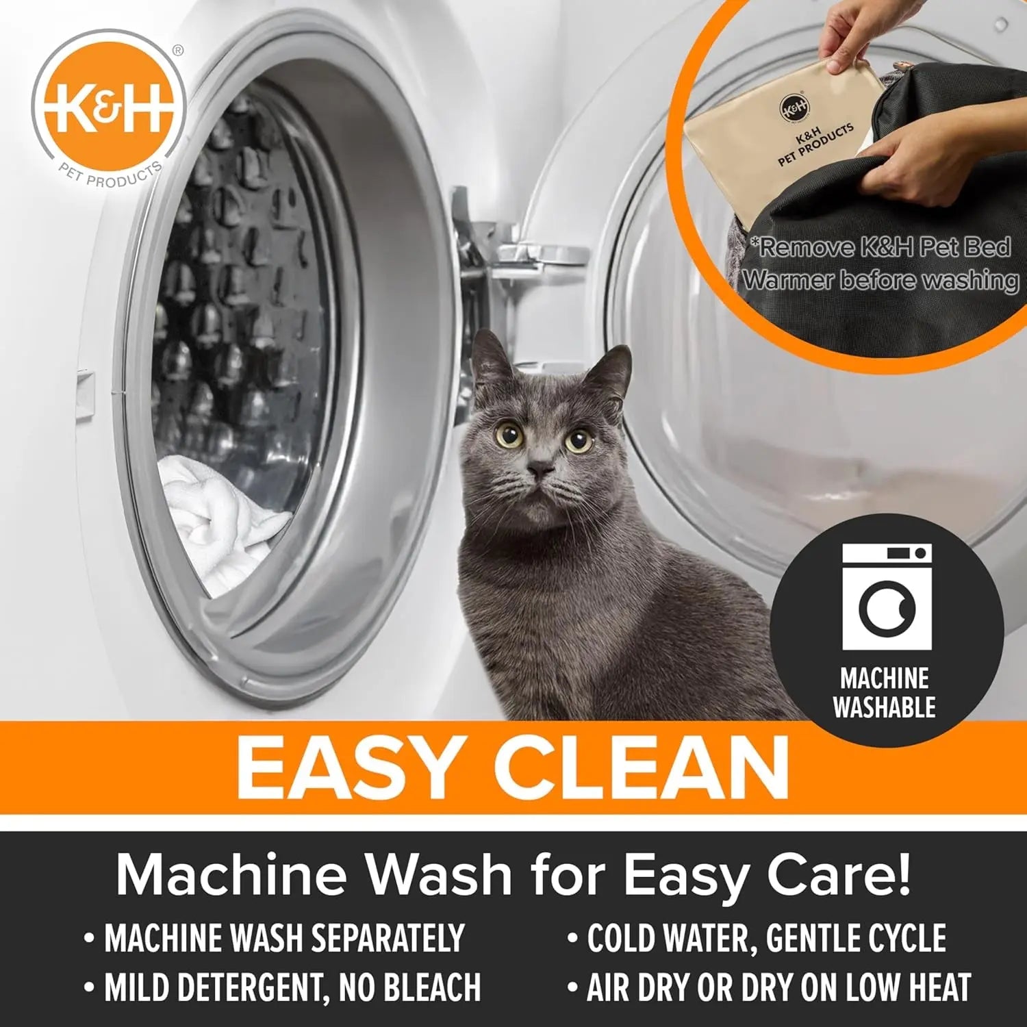 Gray cat in front of an open washing machine; "Easy Clean" text and washing instructions visible.