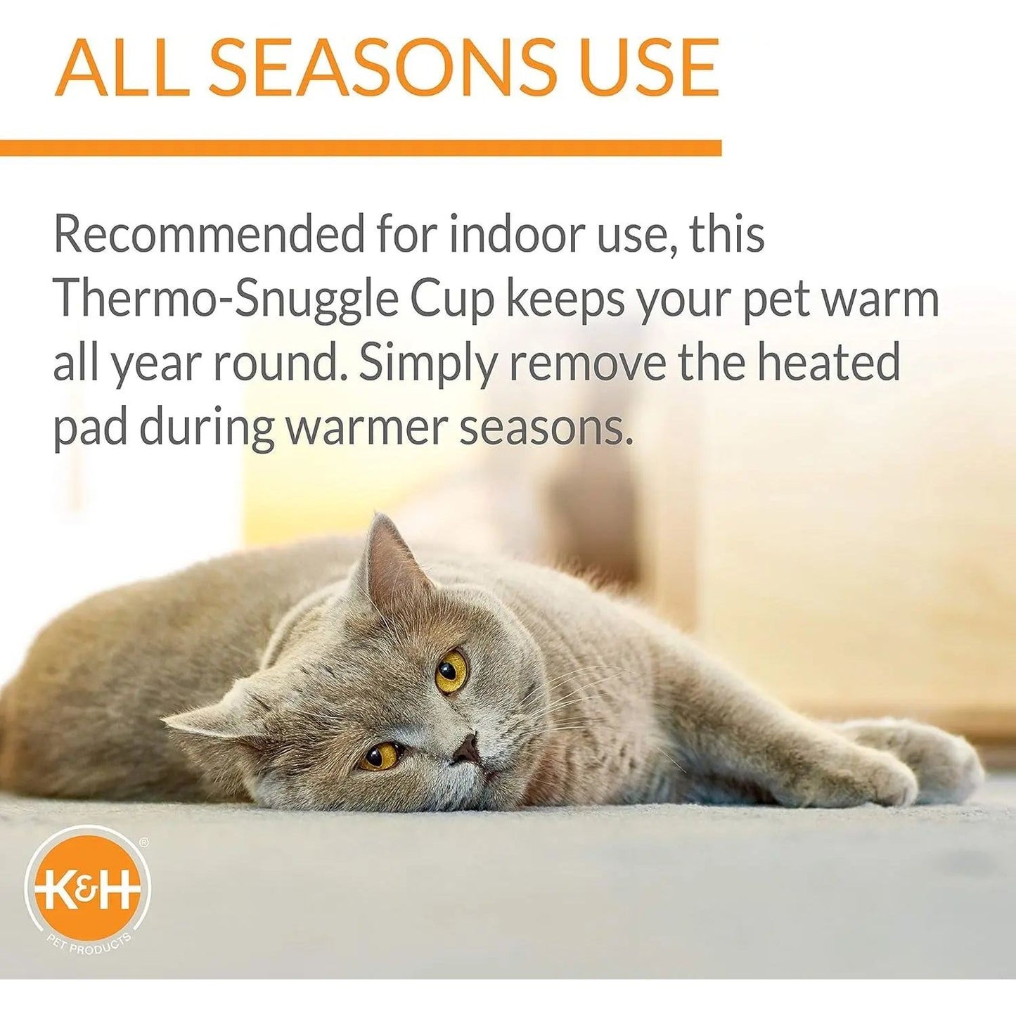 Gray cat lying on a soft surface, with text about a Thermo-Snuggle Cup for pets.