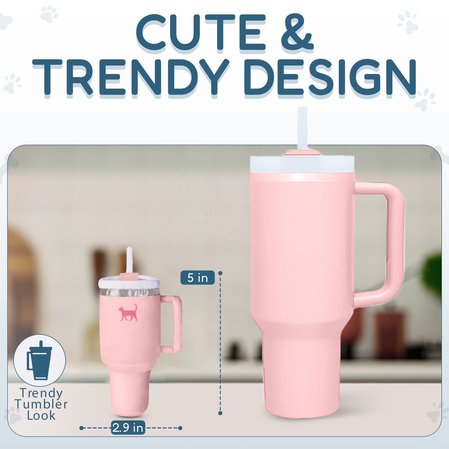Pink tumbler with handle, straw, and cat design; dimensions 5x2.9 inches; trendy style.