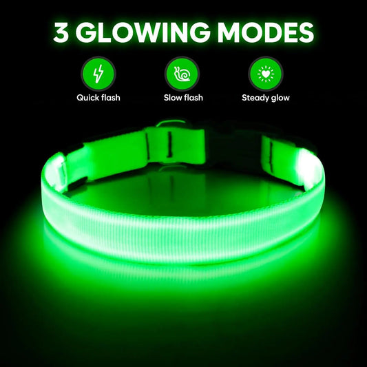 Glowing green LED collar with three modes: quick flash, slow flash, and steady glow.