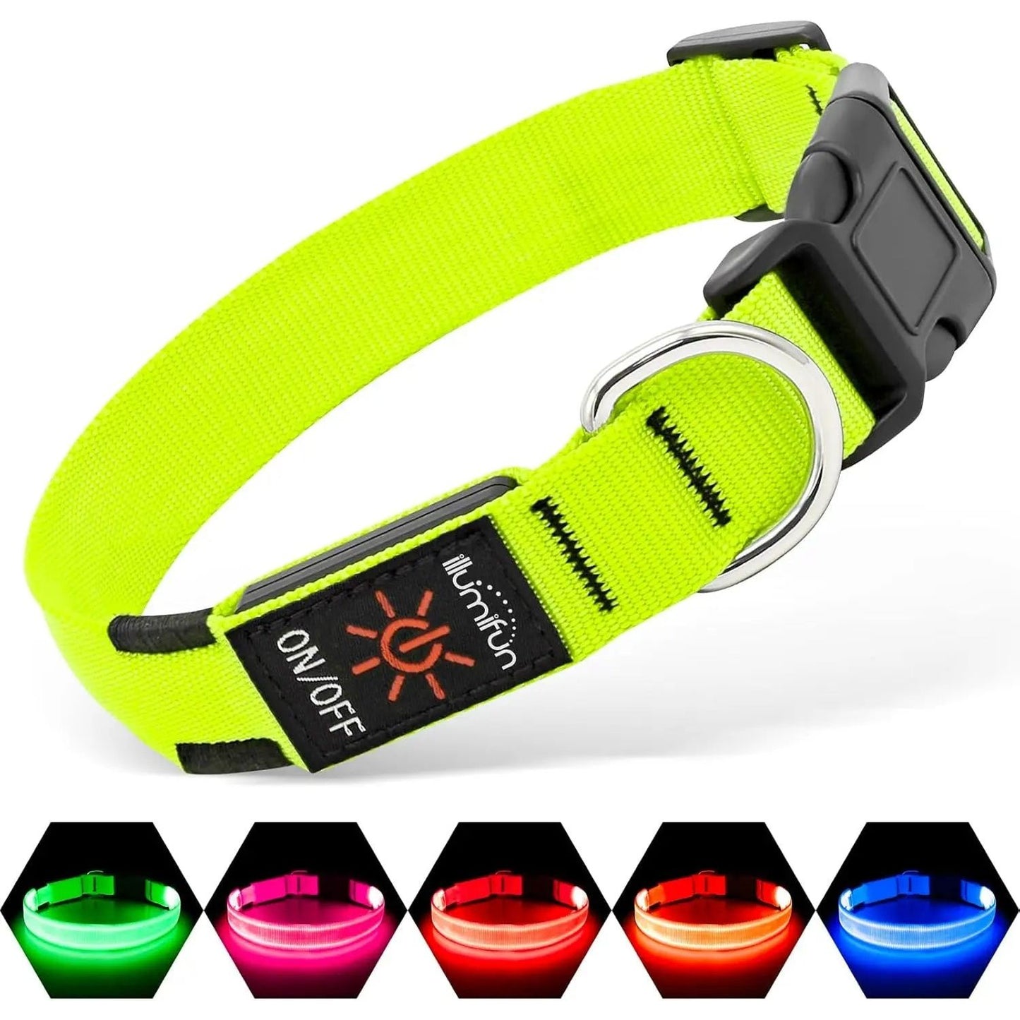 Bright yellow LED dog collar with on/off switch, black buckle, and silver D-ring; lights in 5 colors.