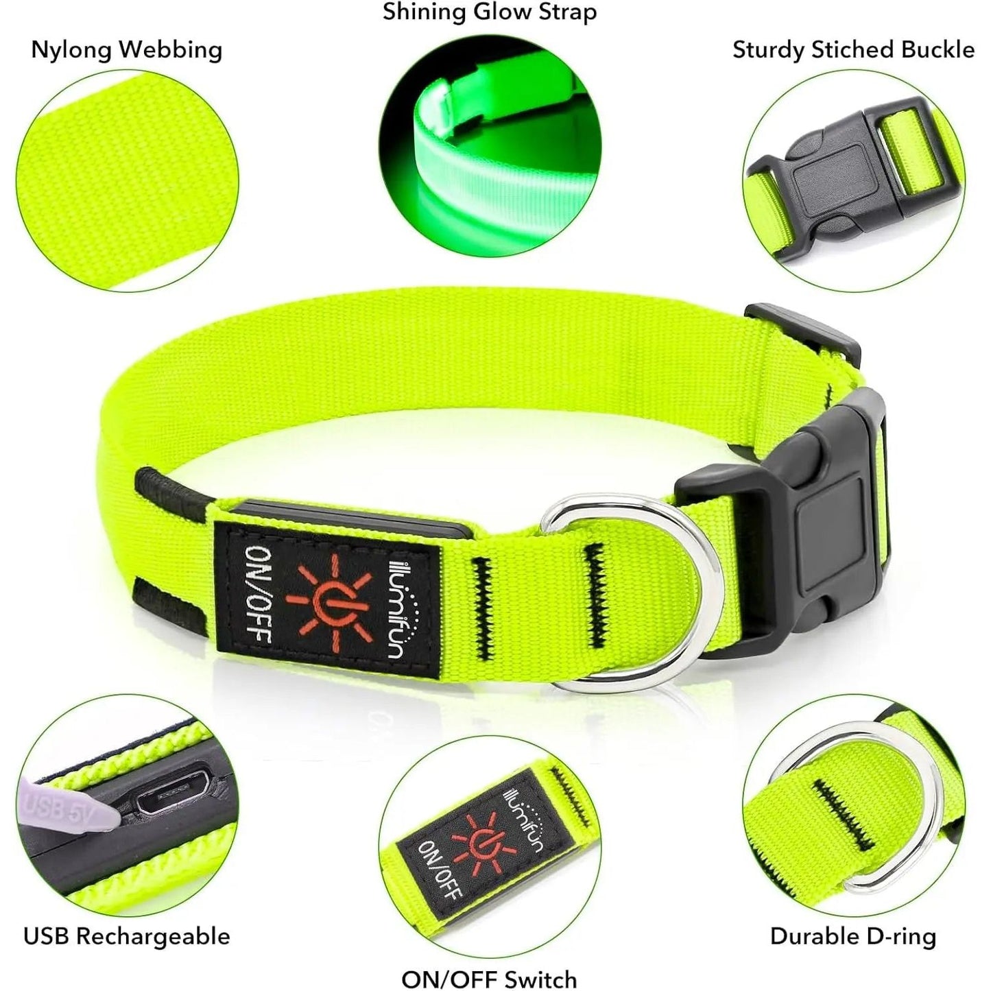 Bright yellow dog collar with glow strap, USB port, buckle, D-ring, and on/off switch.