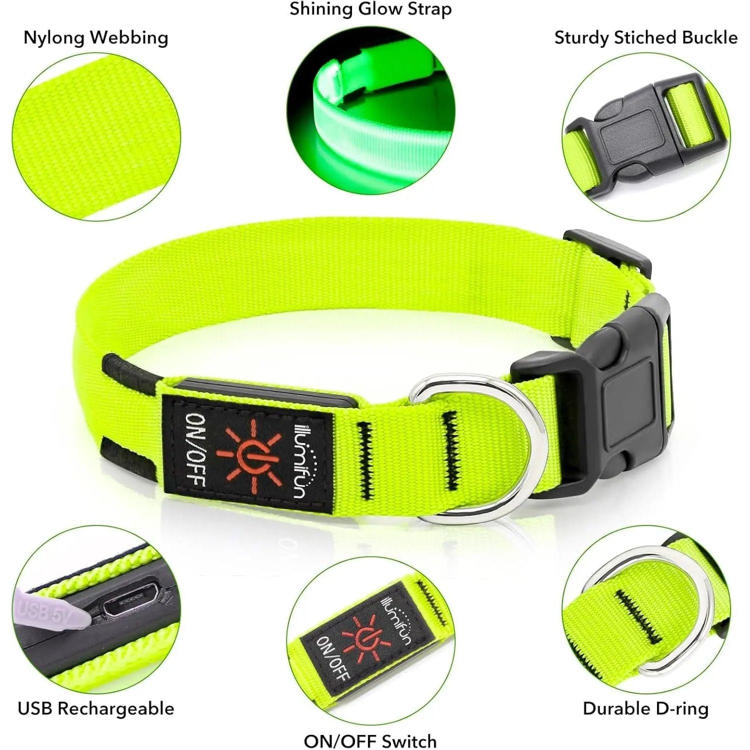 Bright yellow dog collar with glow strap, USB port, buckle, D-ring, and on/off switch.