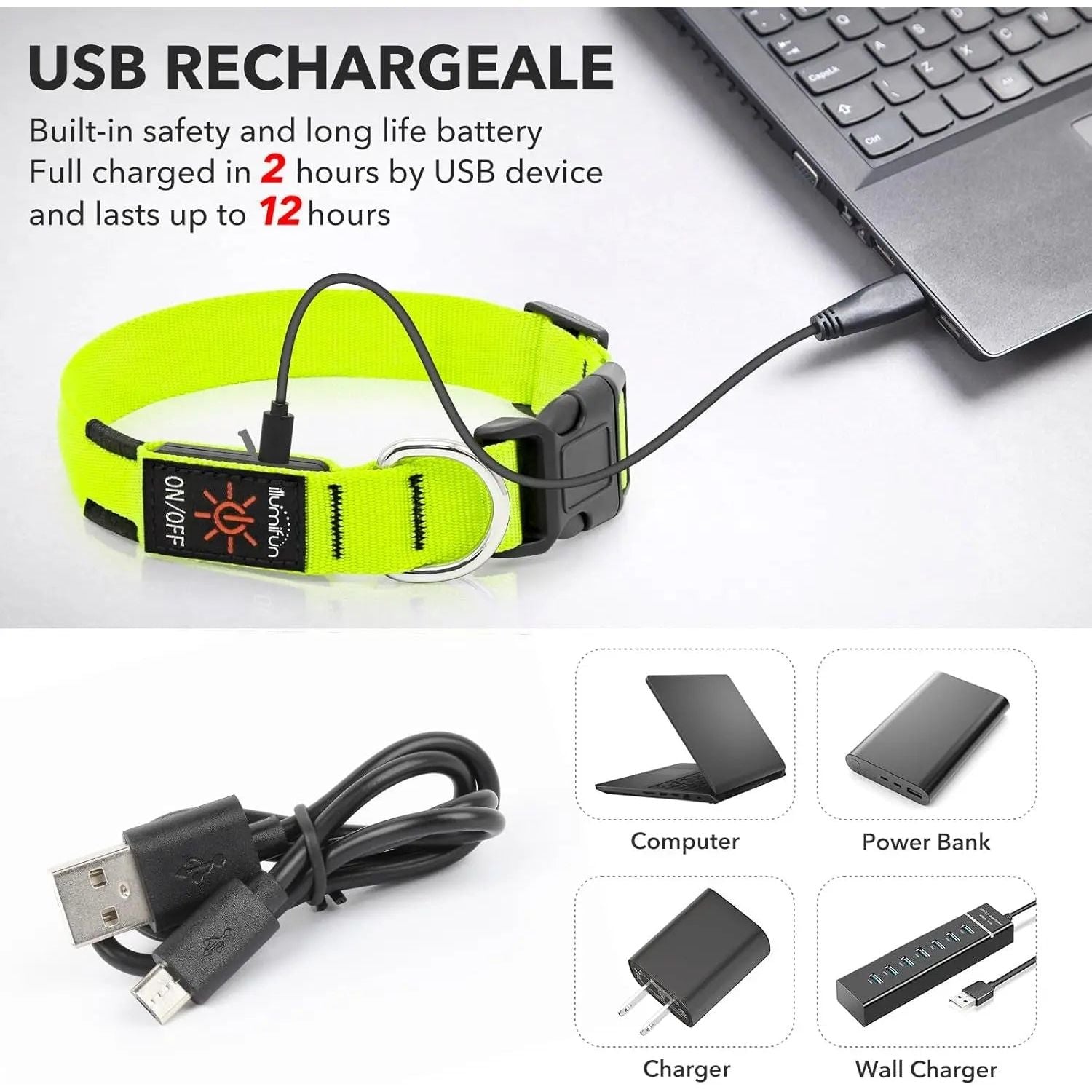 Bright yellow USB-rechargeable collar connected to a laptop, with charging cable and device icons.
