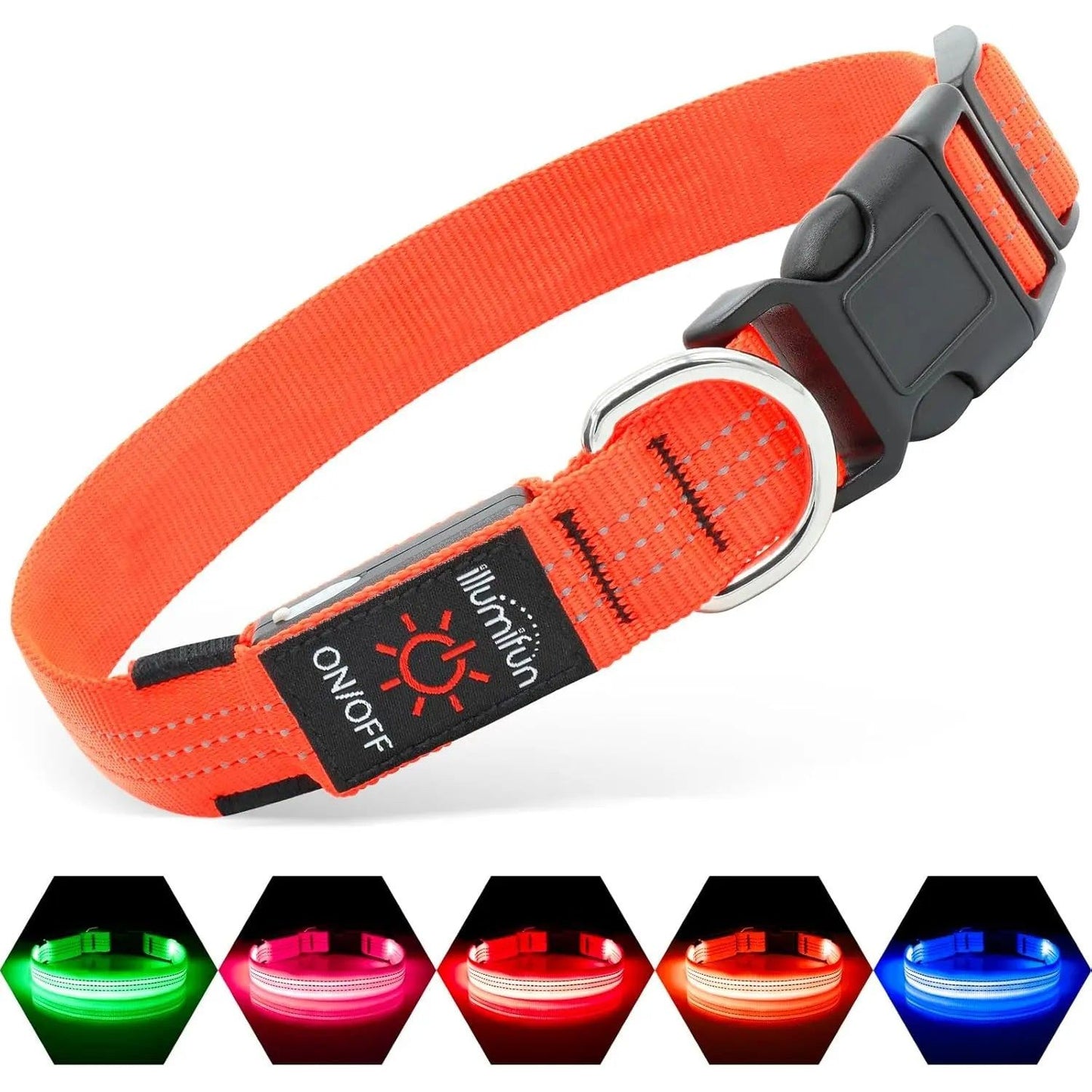 Bright orange LED dog collar with a black buckle, reflective stitching, and color-changing lights.