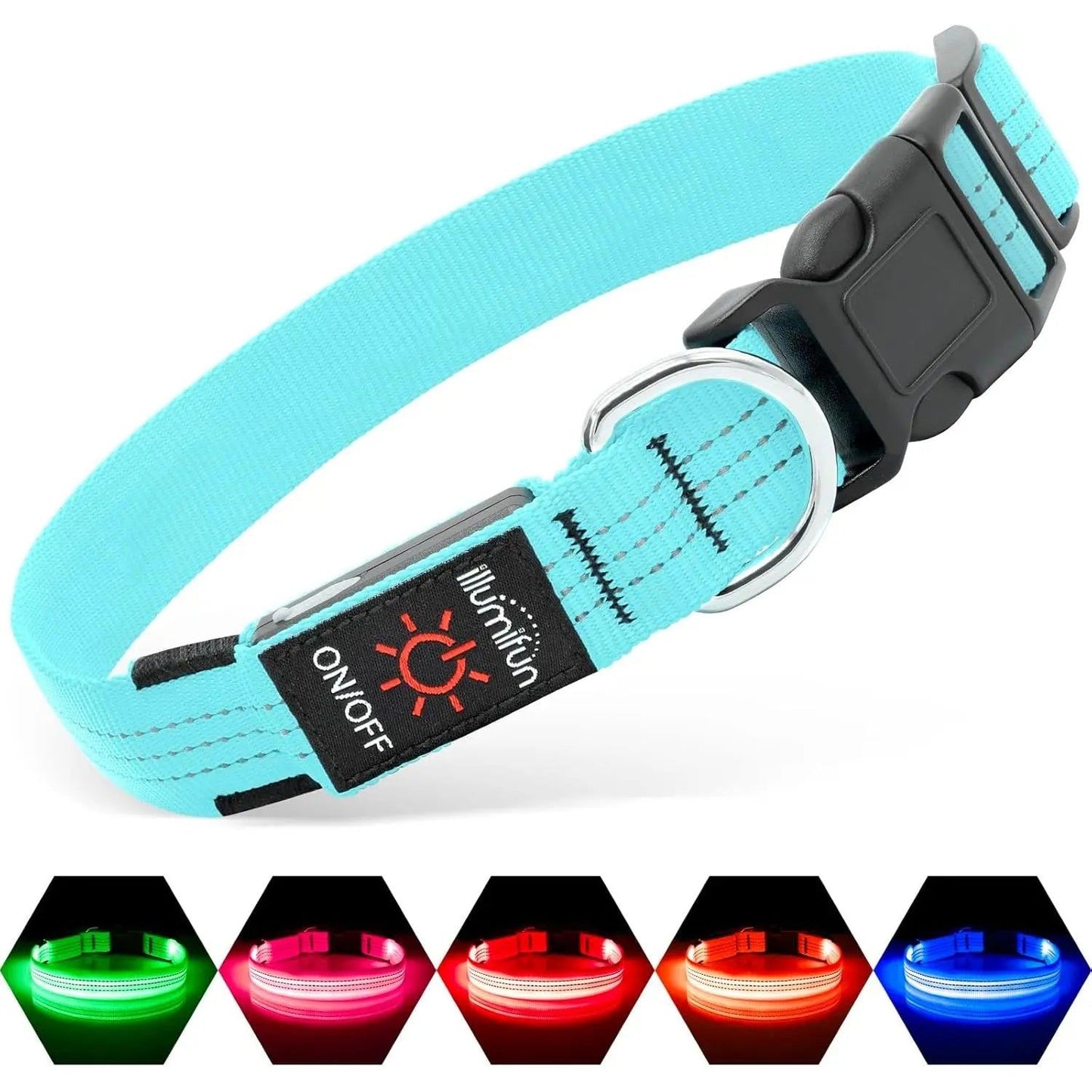 Turquoise LED dog collar with black buckle, metal ring, and on/off switch. Lights in green, red, orange, blue.