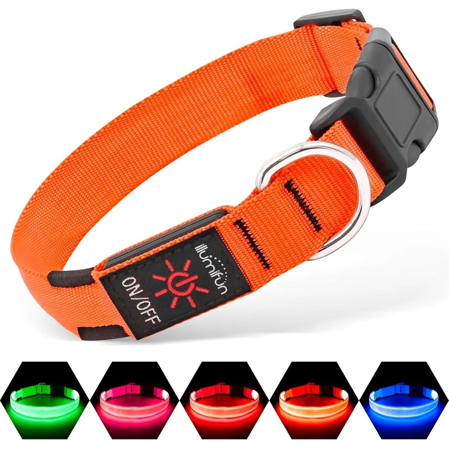 Orange LED dog collar with black buckle, metal ring, and glowing colors: green, pink, red, blue.