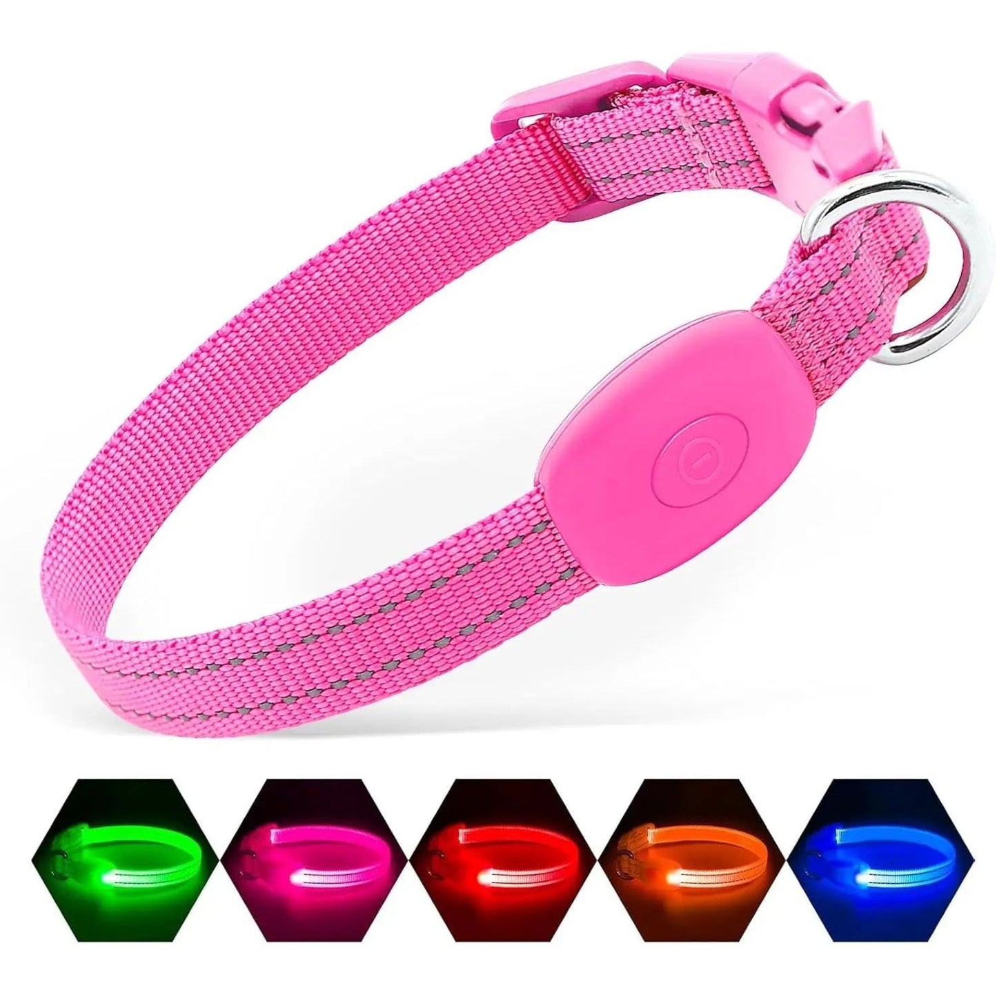 Pink LED dog collar with a buckle, D-ring, and light settings in green, pink, red, orange, blue.
