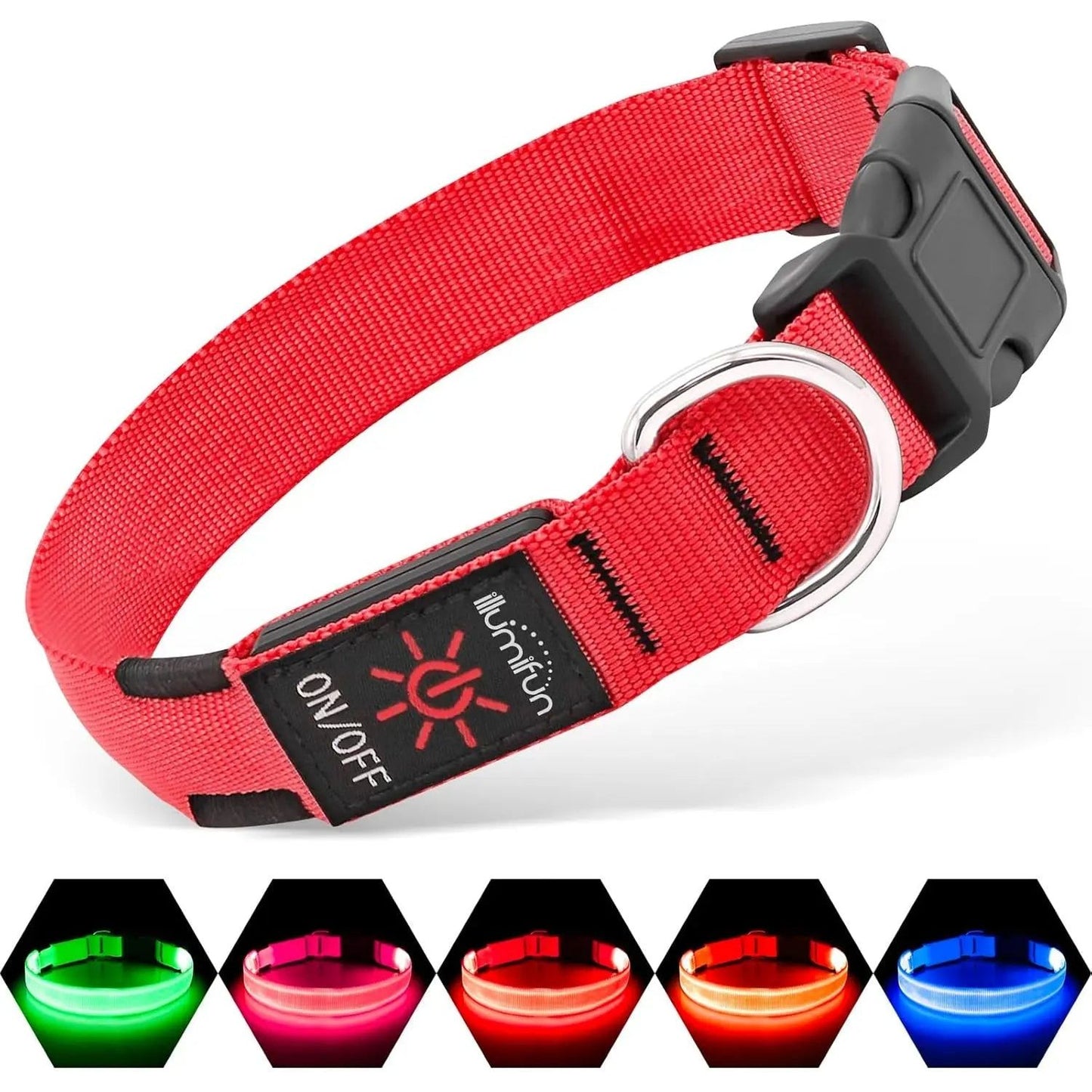 Red LED dog collar with black buckle, metal ring, and on/off switch; lights in green, pink, red, orange, blue.