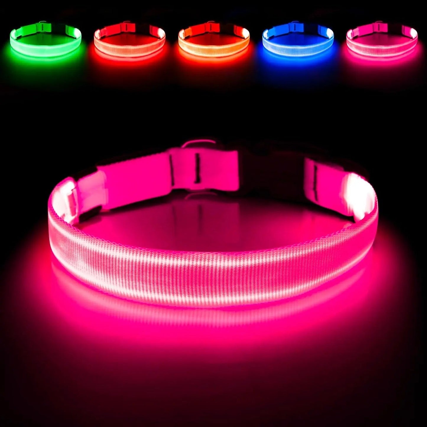 Bright LED collars in pink, green, red, orange, and blue on a black background.
