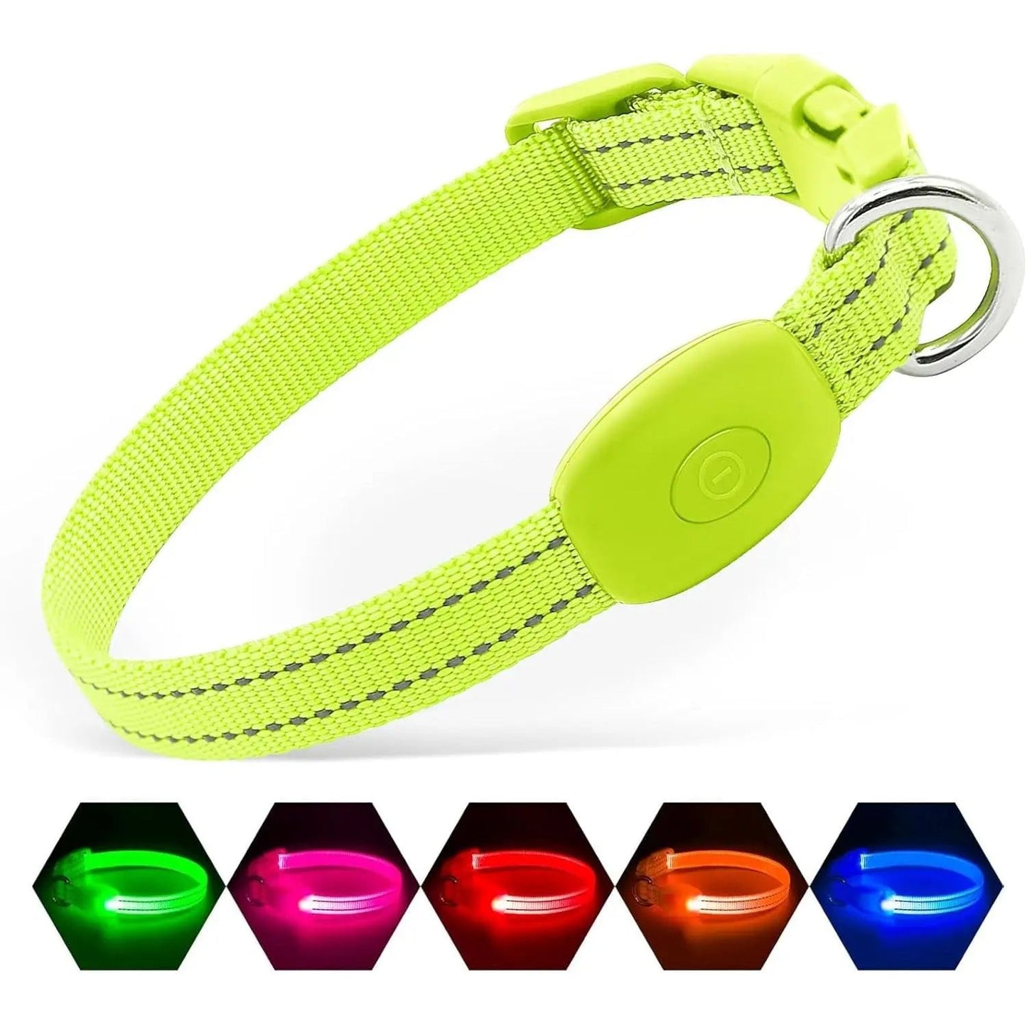 Bright yellow LED dog collar with reflective stitching, shown in green, pink, red, orange, and blue.