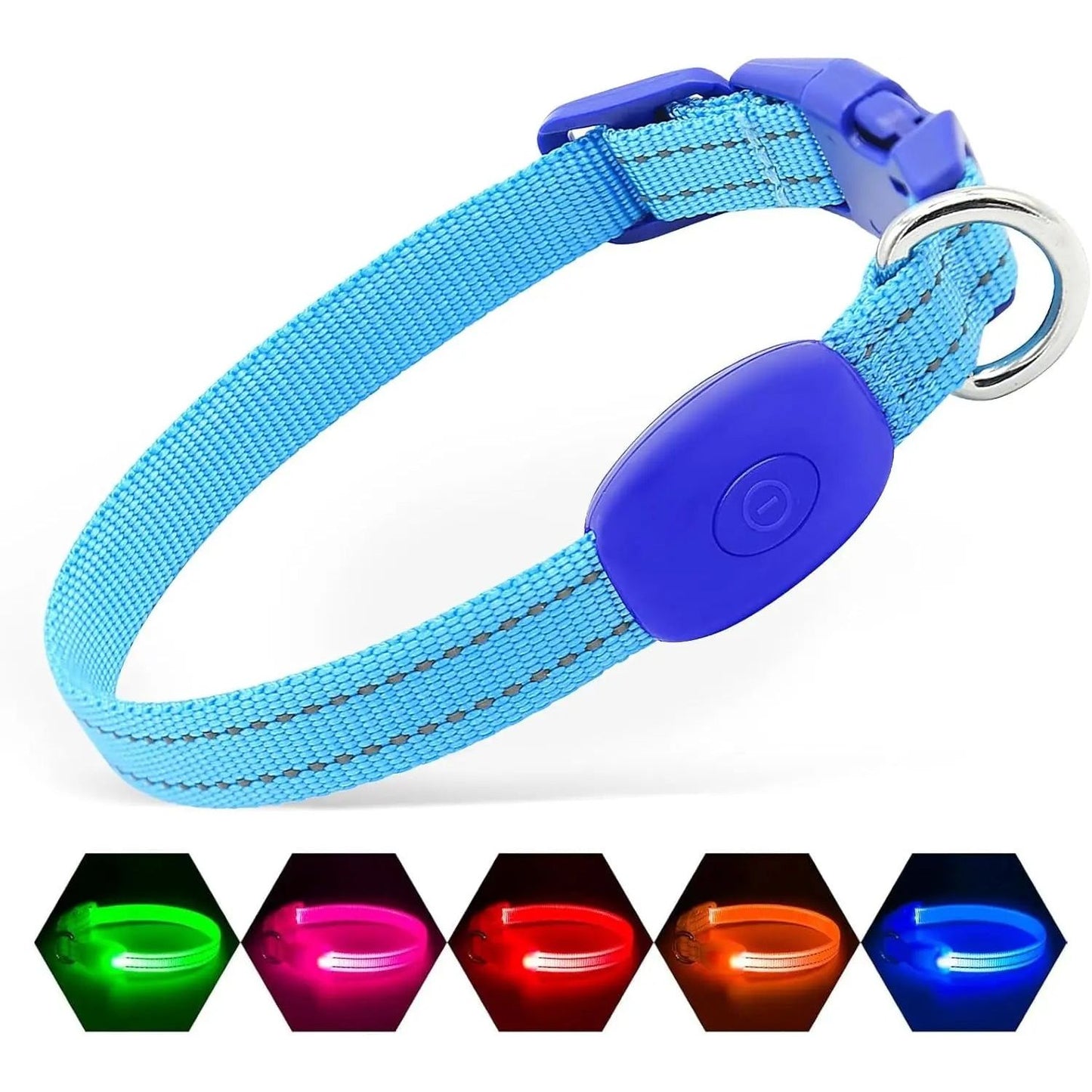 Blue LED dog collar with buckle and ring, shown in green, pink, red, orange, and blue lights.