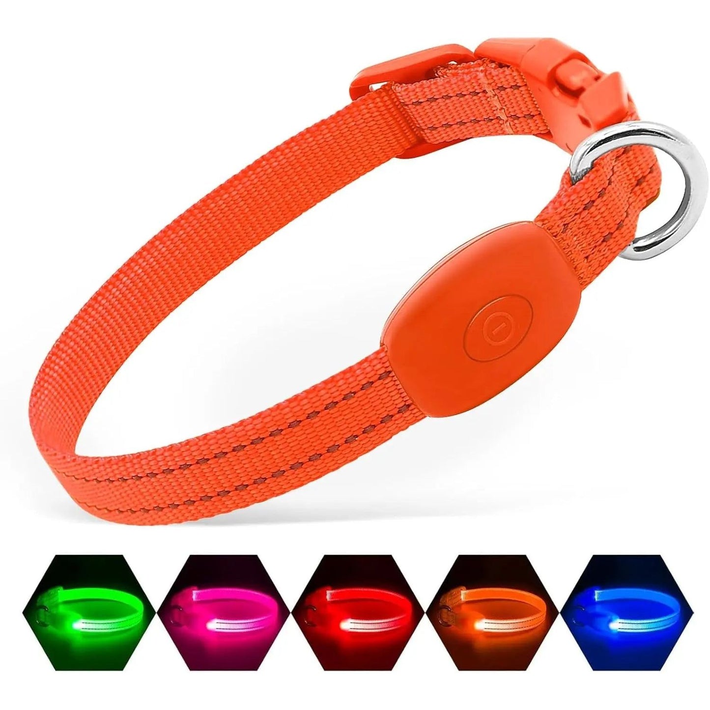 Orange LED dog collar with a buckle and ring, shown in green, pink, red, orange, and blue lights.