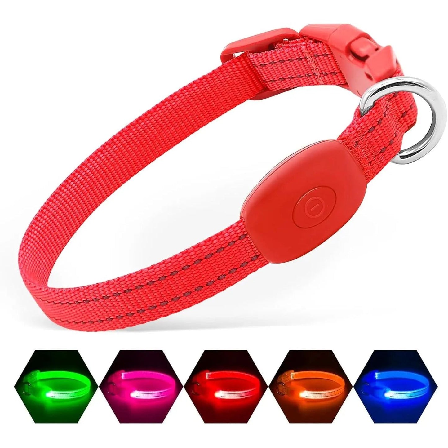 Red LED dog collar with a buckle and metal ring, shown in green, pink, red, orange, and blue lights.