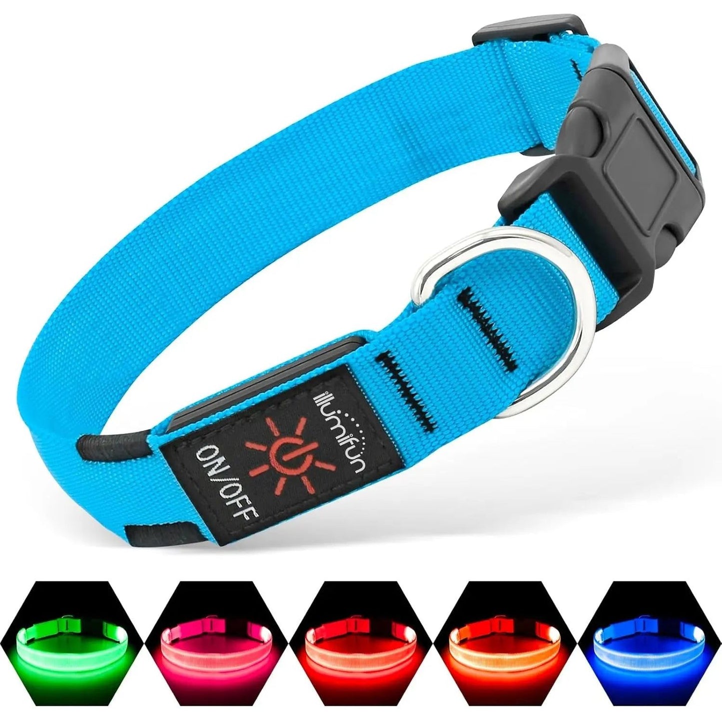 Blue LED dog collar with on/off button, black buckle, and glowing lights in green, pink, red, orange, blue.