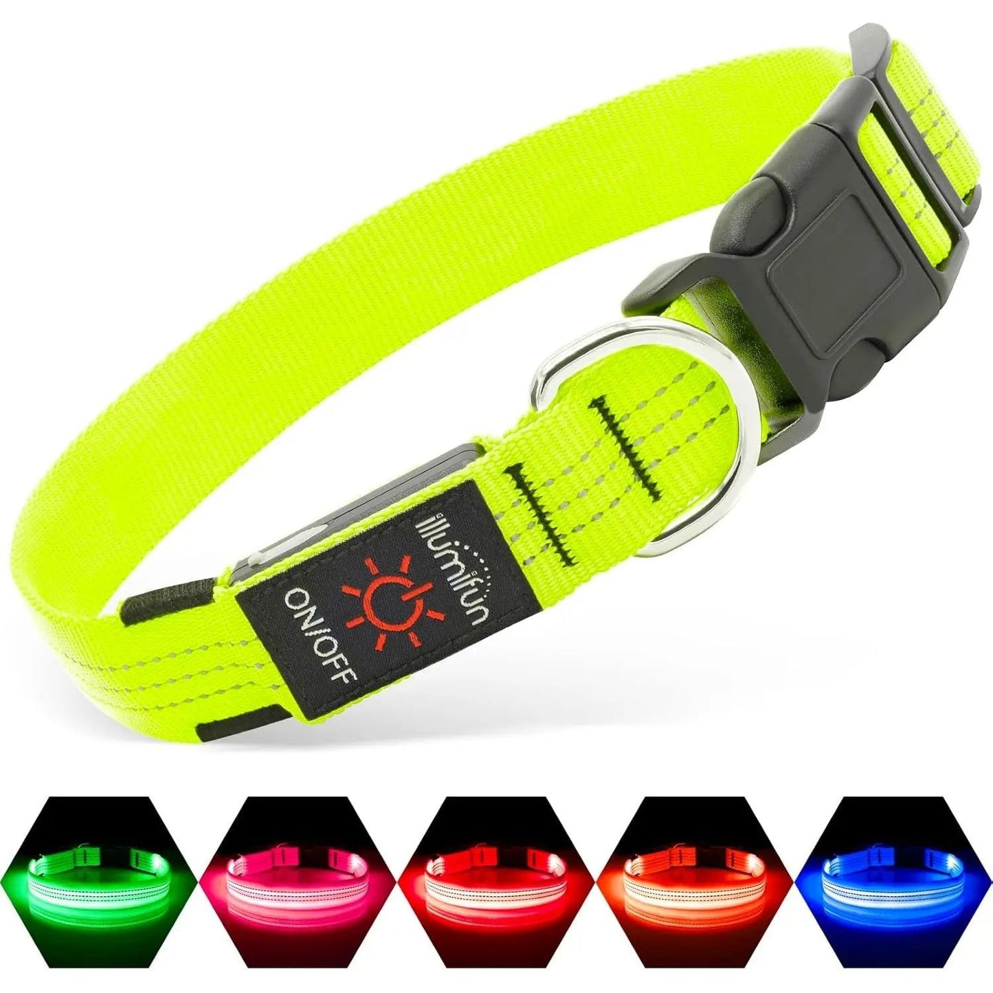 Bright yellow LED dog collar with on/off switch, shown in green, red, orange, and blue lights.